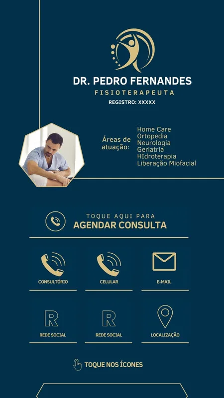 Cartão digital interativo para Fisioterapeuta, com fundo azul marinho e detalhes dourados. Inclui foto profissional, nome, áreas de atuação e ícones clicáveis para contato e agendamento.