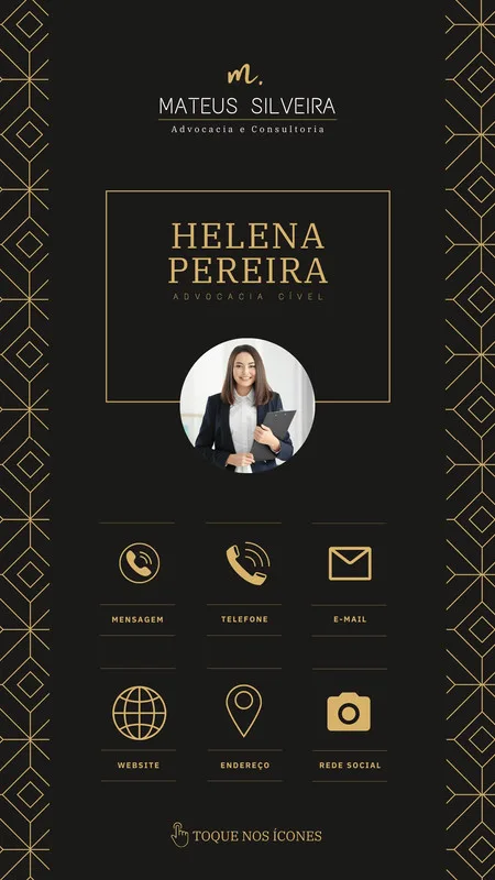 Cartão digital interativo em preto e dourado para advogados. Apresenta foto profissional, nome, especialidade (Advocacia Civil), e ícones clicáveis para mensagem, telefone, e-mail, website, endereço e redes sociais. Design elegante e moderno.