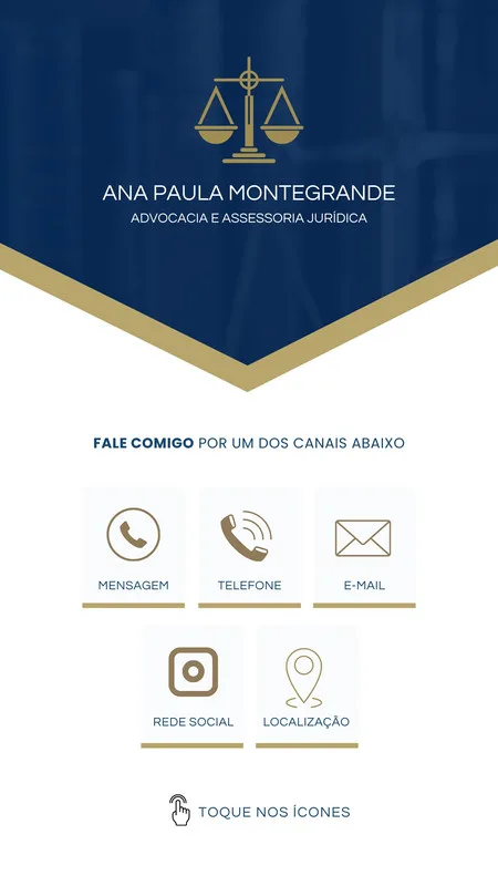 Template de cartão digital interativo para advocacia, com fundo azul marinho e dourado. Apresenta balança da justiça, nome do advogado, e ícones para contato: mensagem, telefone, e-mail, redes sociais e localização. Design moderno e profissional.