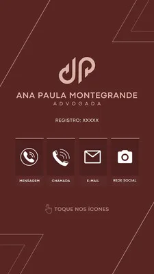 Template de cartão digital interativo para advogados, com fundo vinho e detalhes bege. Apresenta nome, registro, ícones para mensagem, chamada, e-mail e redes sociais, com instrução para tocar. Design moderno e profissional para Instagram Story.
