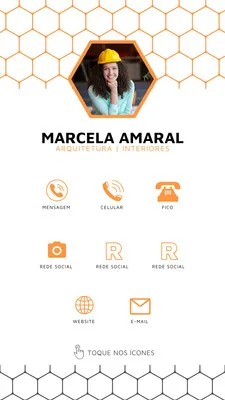 Story de Instagram para arquiteta com fundo branco e detalhes em laranja. Apresenta foto profissional, nome, especialidade e ícones interativos para contato: mensagem, celular, fixo, redes sociais, website e e-mail. Design moderno e clean.