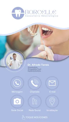 Template de Story para Instagram de clínica odontológica. Fundo azul claro com ondas brancas. Inclui foto de dentista sorrindo, ícones de contato (mensagem, chamada, e-mail, redes sociais, localização) e logo 'Borchelle Consultório Odontológico'.