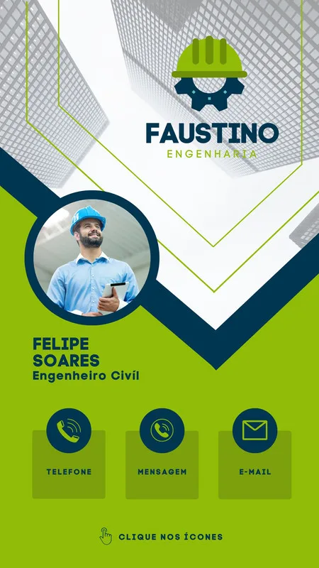 Template de Story para Instagram de engenheiro civil, com fundo azul e verde, foto do profissional, logo com capacete e engrenagem, e ícones clicáveis para contato (telefone, mensagem, e-mail).