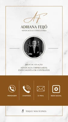 Story de Instagram para escritório de advocacia com fundo branco marmorizado e detalhes em marrom. Apresenta foto profissional, nome, áreas de atuação e ícones interativos para contato: mensagem, chamada, e-mail e redes sociais.