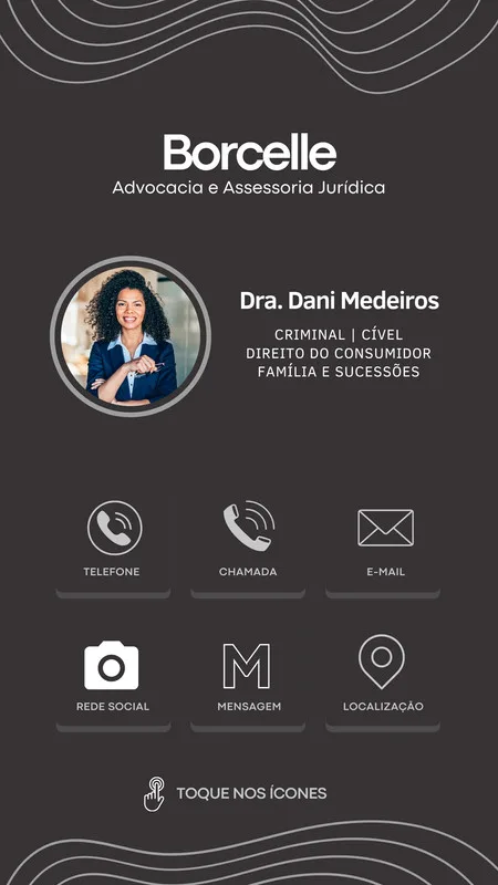 Template de story para Instagram de um escritório de advocacia. Apresenta a foto de uma advogada, nome, especialidades (Criminal, Cível, Direito do Consumidor, Família e Sucessões) e ícones interativos para contato.