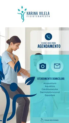 Story de Instagram para fisioterapeuta, com fundo azul e branco, apresentando uma paciente em exercício e texto sobre agendamento e atendimento domiciliar. Inclui ícones de telefone, câmera e e-mail.