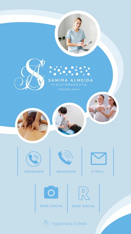 Story do Instagram para fisioterapeuta com fundo azul claro e branco. Apresenta fotos de massagem, reabilitação e exercícios, nome, especialidade, registro e ícones clicáveis para contato e redes sociais. Design moderno e profissional.