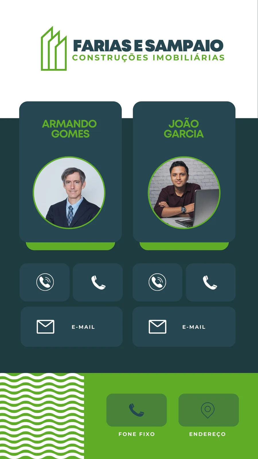 Template de Story para Instagram com design moderno em verde, azul e branco. Apresenta dois perfis com fotos, nomes e informações de contato como telefone e e-mail, ideal para imobiliárias e construtoras.