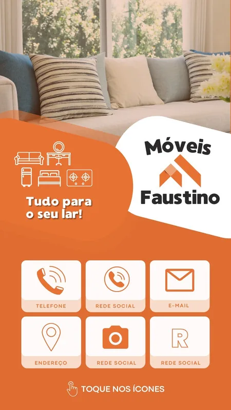 Template de Story para Instagram de loja de móveis, com fundo de sala aconchegante e ícones interativos para contato como telefone, redes sociais, e-mail e localização. Design moderno em tons de laranja e branco.