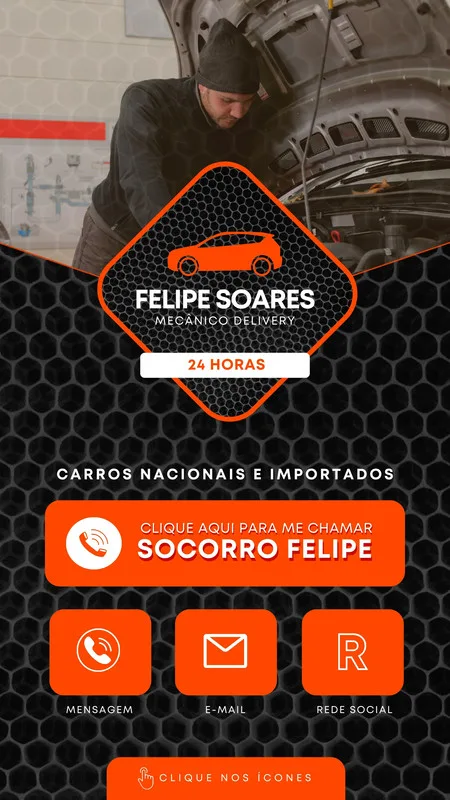 Template de story para Instagram com fundo preto e detalhes em laranja, apresentando um mecânico trabalhando em um carro. Inclui o nome 'Felipe Soares Mecânico Delivery', serviço 24 horas e botões interativos para contato.