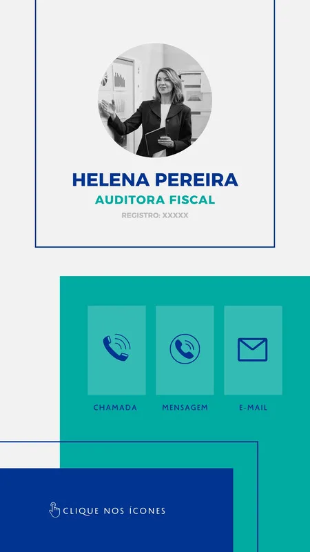 Template de Instagram Story para Auditora Fiscal com foto profissional, nome e cargo em destaque. Abaixo, ícones interativos para chamada, mensagem e e-mail, com instrução para clicar.