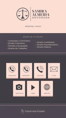 Template de Story para Instagram de escritório de advocacia, com design moderno em tons bege e cinza. Apresenta o nome da advogada, áreas de atuação e ícones interativos para contato, redes sociais e website.