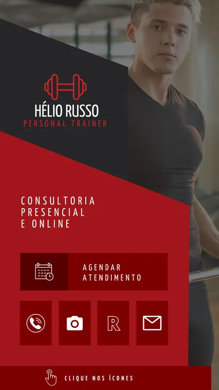 Story de Instagram para Personal Trainer com fundo vermelho e preto. Apresenta o nome "Hélio Russo Personal Trainer", ícone de halter, e opções interativas para agendar atendimento, ligar, enviar email e acessar portfólio.
