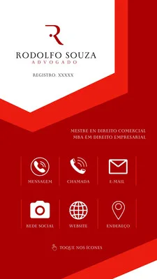 Template de cartão digital interativo em formato Story para advogados. Fundo vermelho com detalhes geométricos brancos. Inclui ícones para mensagem, chamada, e-mail, redes sociais, website e endereço, com espaço para nome, registro e especialização.