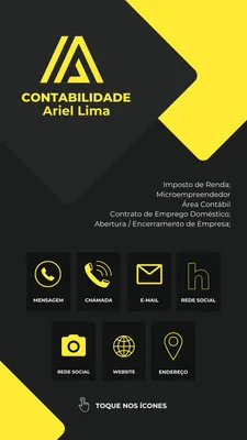 Template de cartão digital interativo para contabilidade. Fundo preto e amarelo com ícones de contato, redes sociais, e-mail, website e localização. Inclui logo e nome do contador, com texto sobre impostos e contratos.
