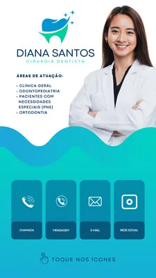 Story interativo para dentista com foto profissional, logo de dente estilizado e áreas de atuação. Inclui ícones clicáveis para chamada, mensagem, e-mail e redes sociais, com um fundo degradê azul e verde.