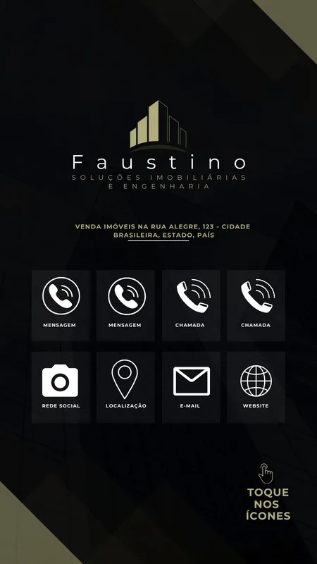 Story interativo com fundo preto elegante para imobiliária e engenharia. Apresenta o logo 'Faustino Soluções Imobiliárias e Engenharia' e ícones clicáveis para mensagem, chamada, redes sociais, localização, e-mail e website. Um convite visual para tocar nos ícones.