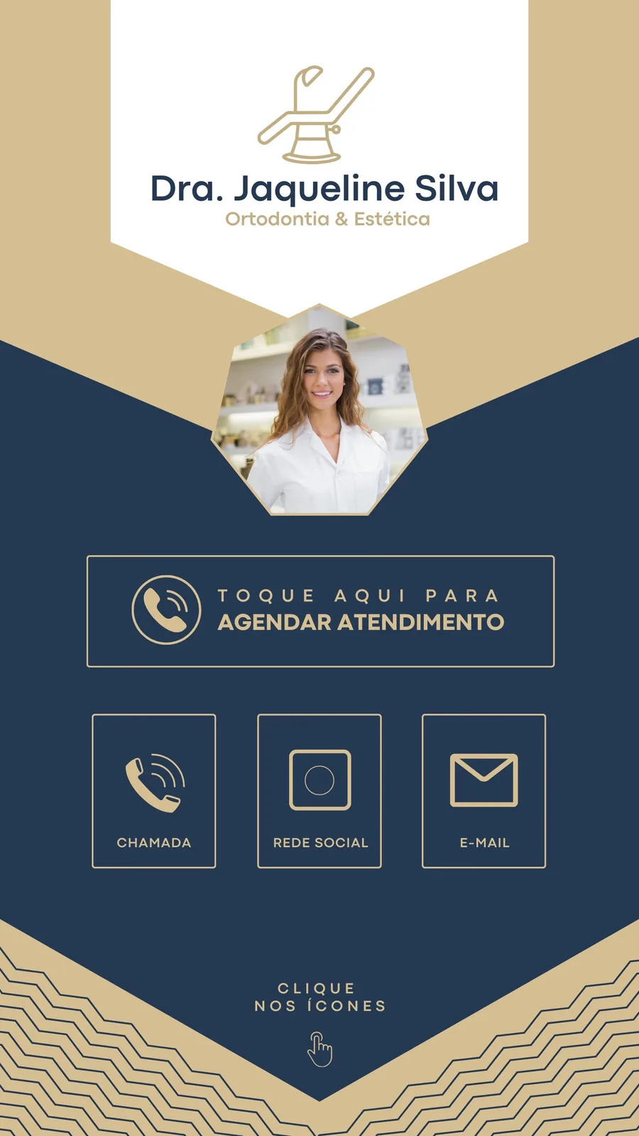 Story interativo para clínica de Ortodontia e Estética, com foto da profissional, ícones de contato e chamada para agendamento. Design moderno em azul e bege.