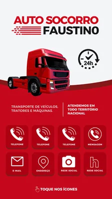 Story interativo para auto socorro com um caminhão vermelho em destaque. O template possui ícones clicáveis para telefone, mensagem, e-mail, endereço, redes sociais e um relógio indicando atendimento 24h. Cores predominantes vermelho e branco.