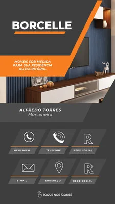 Cartão digital interativo para marcenaria, com fundo cinza escuro e detalhes em laranja. Apresenta o nome 'BORCELLE', a frase 'MÓVEIS SOB MEDIDA PARA SUA RESIDÊNCIA OU ESCRITÓRIO', e ícones de contato como telefone, e-mail e localização.
