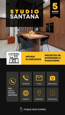 Template de Story para Instagram com fundo preto e detalhes em amarelo. Apresenta um ambiente de sala de jantar com móveis planejados, o logo 'STUDIO SANTANA' e ícones interativos para contato como telefone, e-mail, redes sociais, website e endereço.