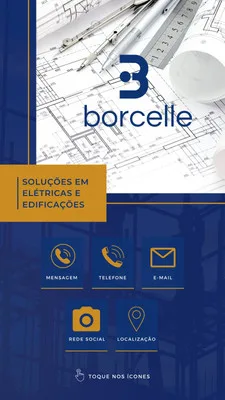 Template de Instagram Story para engenharia elétrica com fundo de plantas de construção. Apresenta ícones de contato como mensagem, telefone, e-mail, redes sociais e localização, com um design moderno em azul e laranja.