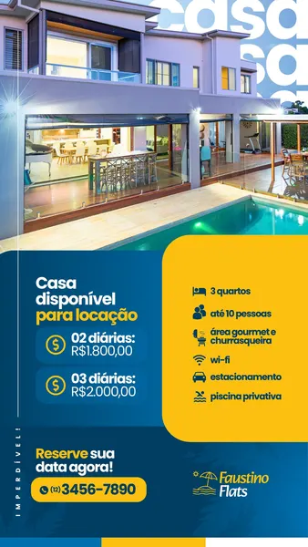 Story de Instagram para locação de casa de temporada, com design em azul escuro e amarelo vibrante. Exibe uma casa moderna com piscina, área gourmet e churrasqueira ao fundo. Destaca informações como 3 quartos, capacidade para 10 pessoas, wi-fi, estacionamento e piscina privativa, além de valores de diárias e contato para reserva. Ideal para anúncios de aluguéis de flats.