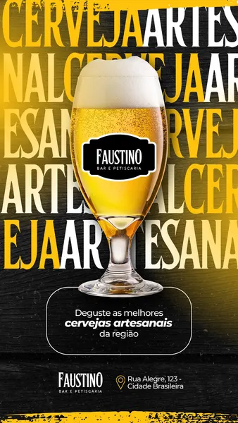 Um copo de cerveja artesanal com espuma cremosa em destaque, sobre um fundo escuro com o texto 'Cervejas Artesanais' em letras grandes amarelas e brancas. O template é ideal para divulgação de bares e petiscarias no Instagram Story.