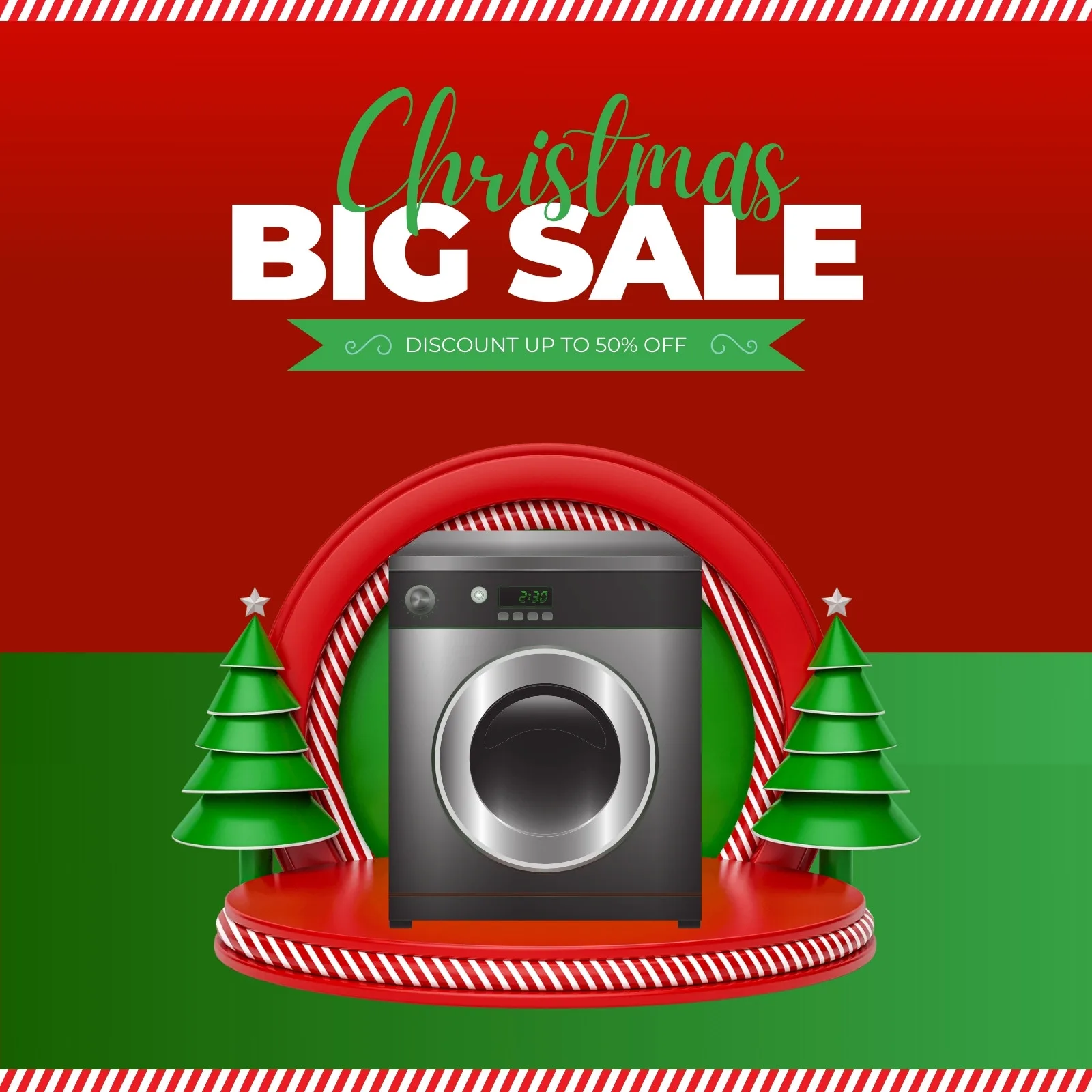 Post para redes sociais com tema de Natal, destacando uma máquina de lavar em um palco vermelho com árvores de Natal. O texto 'Christmas Big Sale' e 'Discount Up To 50% Off' em verde e branco, sobre fundo vermelho e verde.