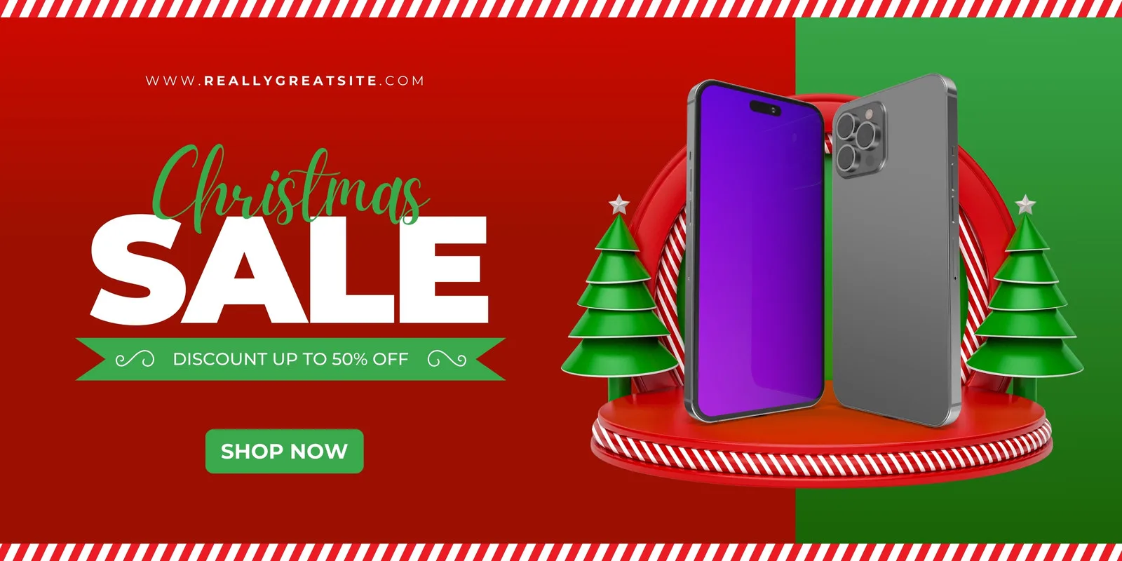 Banner horizontal de Natal com fundo vermelho e verde, texto 'Christmas SALE' em branco e verde, e um botão 'SHOP NOW'. Ao centro, um palco vermelho com dois smartphones modernos e árvores de Natal, promovendo descontos de até 50%.