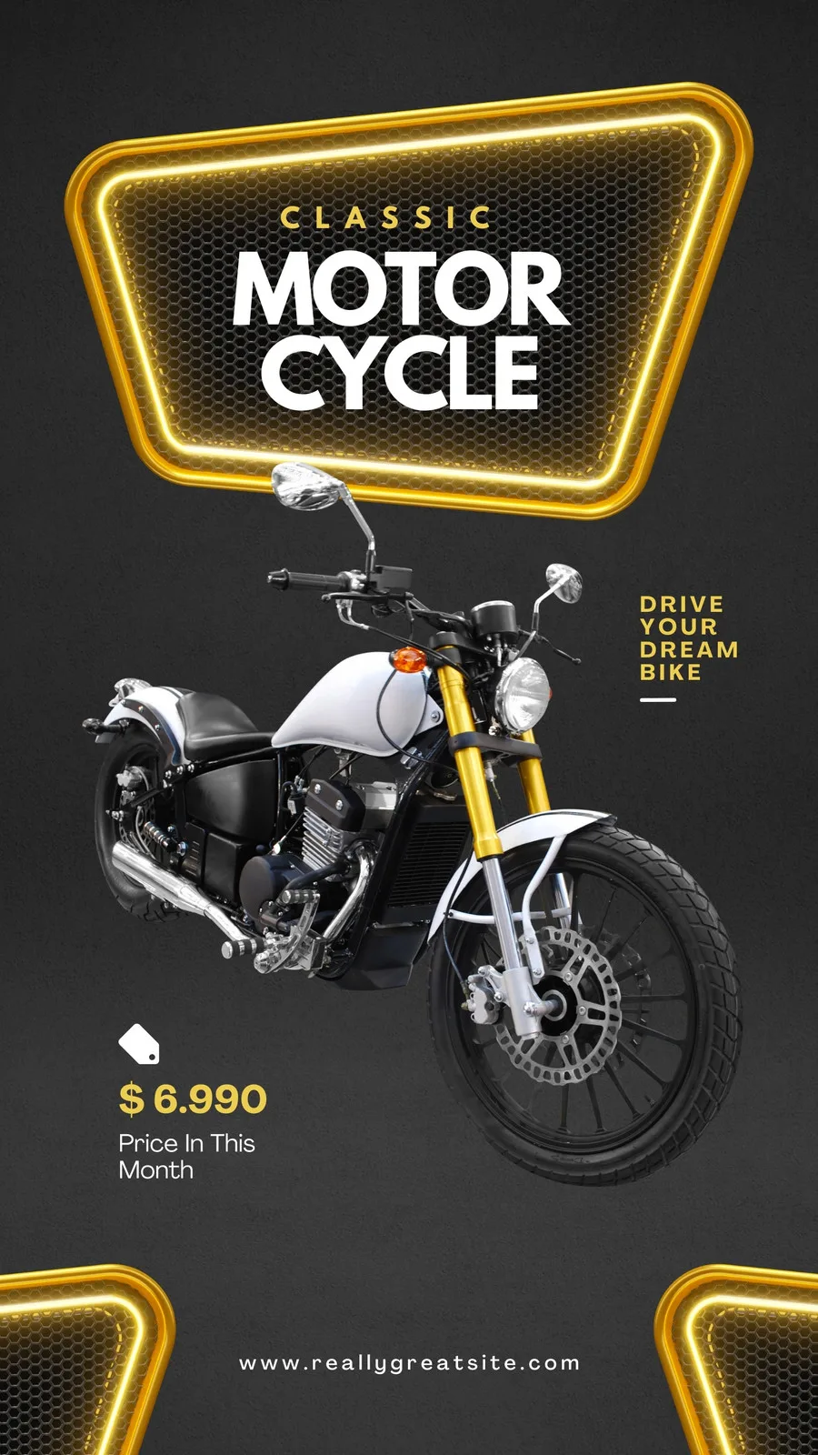 Template de Story para Instagram com fundo preto e detalhes em neon dourado. Uma moto clássica branca e cromada em destaque, com texto 'Classic Motorcycle Offer' e preço promocional. Perfeito para anúncios de veículos.