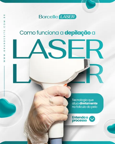 Post de Instagram sobre depilação a laser com fundo branco e detalhes em azul turquesa. Uma mão com luva segura um aparelho de depilação a laser, com texto explicativo sobre a tecnologia que atua no folículo piloso.