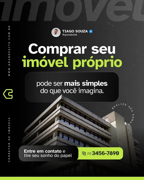 Post para Instagram de corretor de imóveis com fundo preto e detalhes verde neon. Título 'Comprar seu imóvel próprio pode ser mais simples do que você imagina'. Imagem de um prédio moderno e informações de contato. Design profissional e atraente.