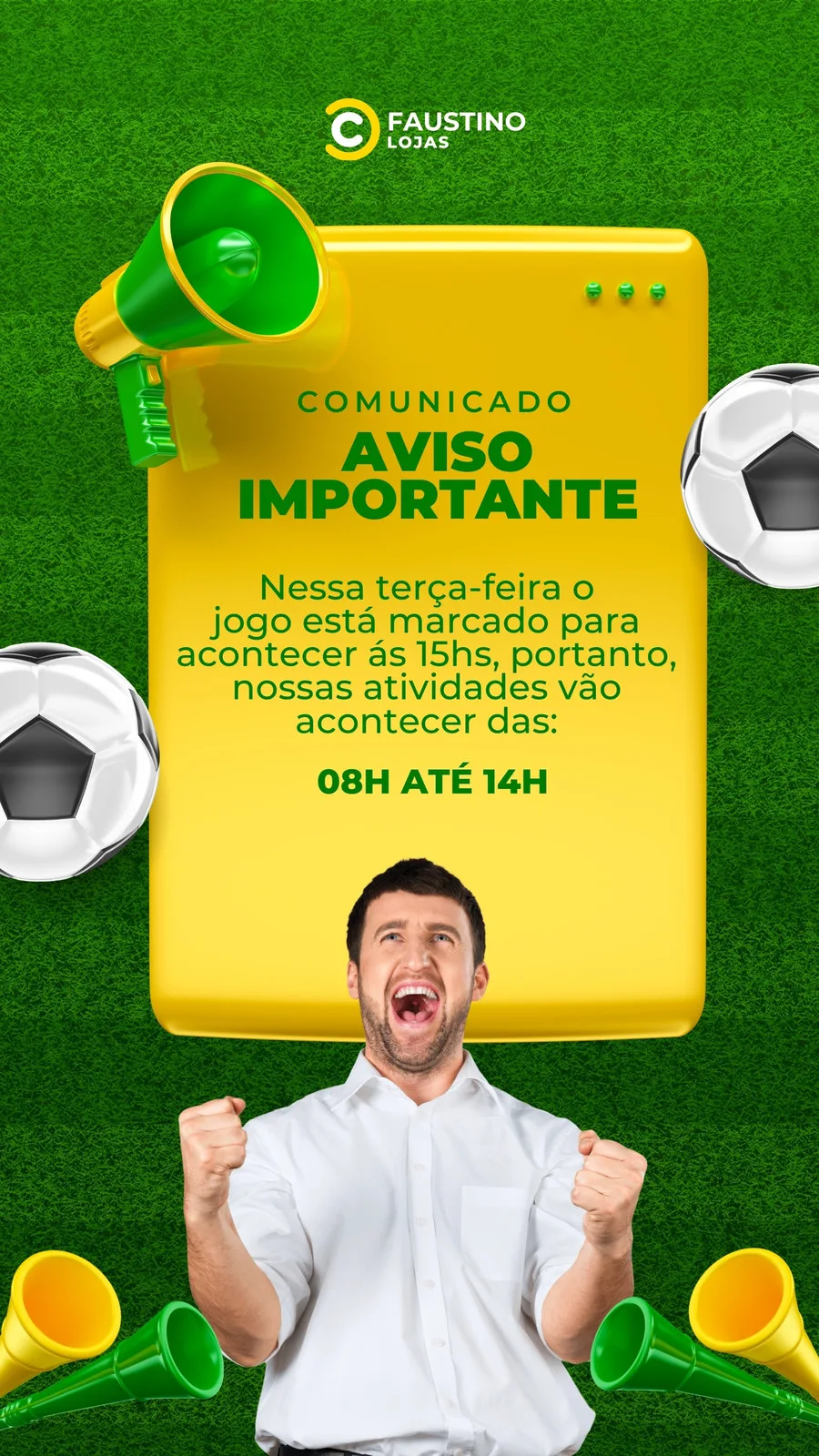 Template de Instagram Story com fundo verde gramado, um balão de fala amarelo com o texto 'COMUNICADO AVISO IMPORTANTE' e detalhes sobre horário de funcionamento. Elementos de futebol como bolas e buzinas completam o design, transmitindo empolgação.