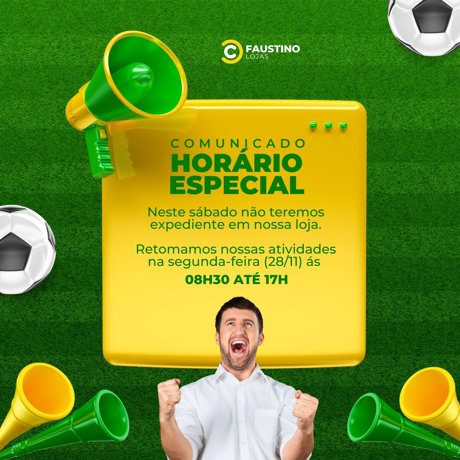 Template de post para redes sociais com fundo verde gramado e elementos de futebol, como bolas e buzinas. Um quadro amarelo em destaque exibe o comunicado de horário especial, com um homem comemorando ao fundo. Cores vibrantes em amarelo e verde.