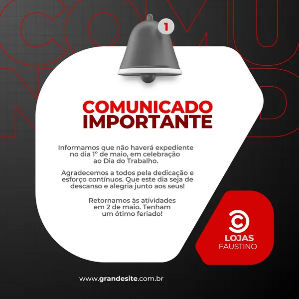 Post para Instagram com fundo preto e detalhes vermelhos, anunciando um comunicado importante sobre feriado. Um sino estilizado com notificação aparece no topo. O texto informa sobre a ausência de expediente no Dia do Trabalho e o retorno das atividades. Inclui o logo da empresa e website.