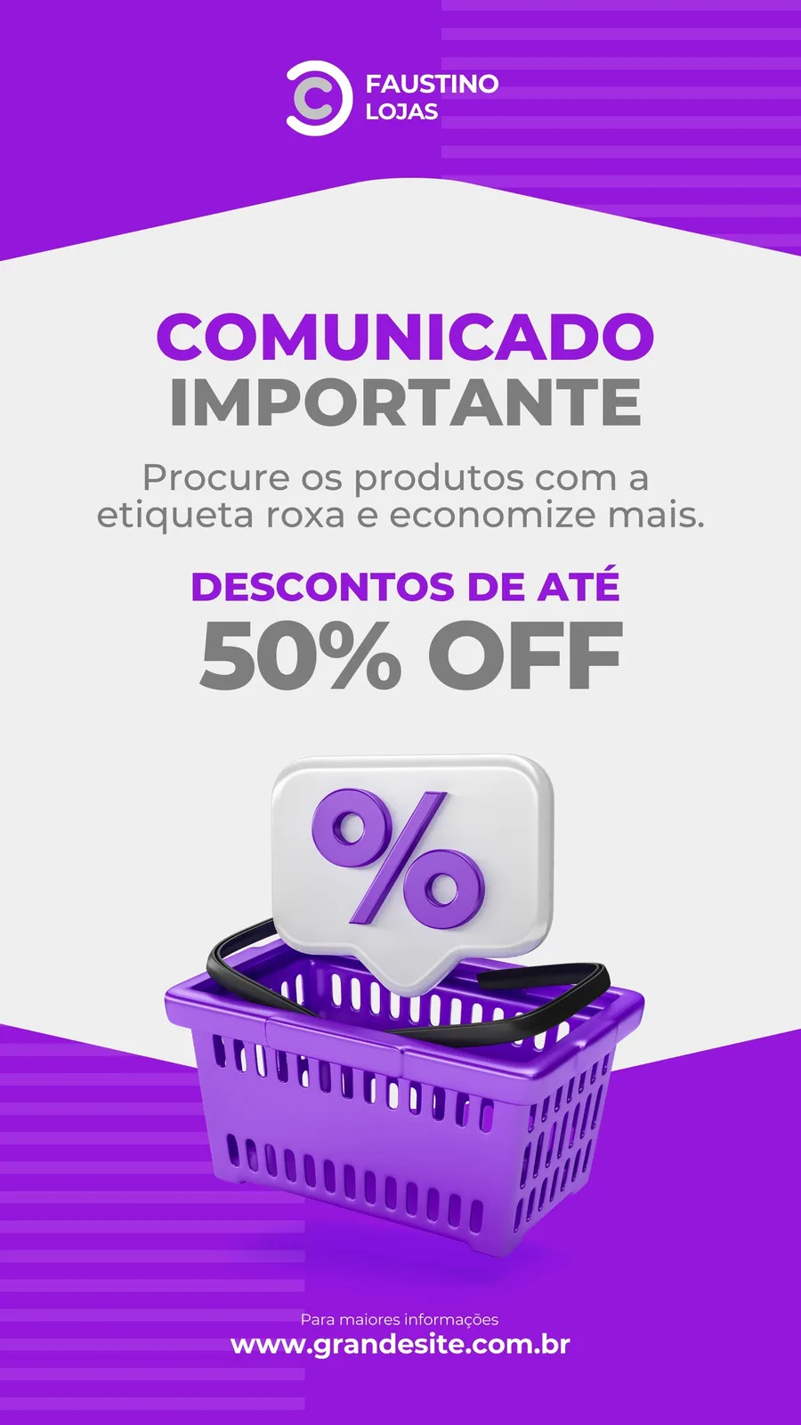 Template de Story para Instagram com fundo roxo e cinza, destacando um comunicado importante sobre descontos de até 50% OFF. Uma cesta de compras roxa com um balão de fala contendo o símbolo de porcentagem está em destaque, convidando para a economia.