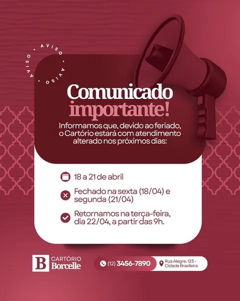 Post de Instagram com fundo vinho e branco anunciando comunicado importante sobre horário de cartório. Um megafone estilizado e ícones de calendário, 'X' e check marcam as datas de fechamento e retorno.