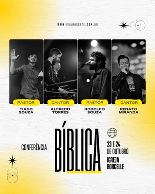 Post para Instagram e Facebook anunciando uma conferência bíblica. O design em preto, amarelo e branco exibe fotos de pastores e cantores, com destaque para o título "BÍBLICA CONFERÊNCIA" e os detalhes do evento, como data e local.
