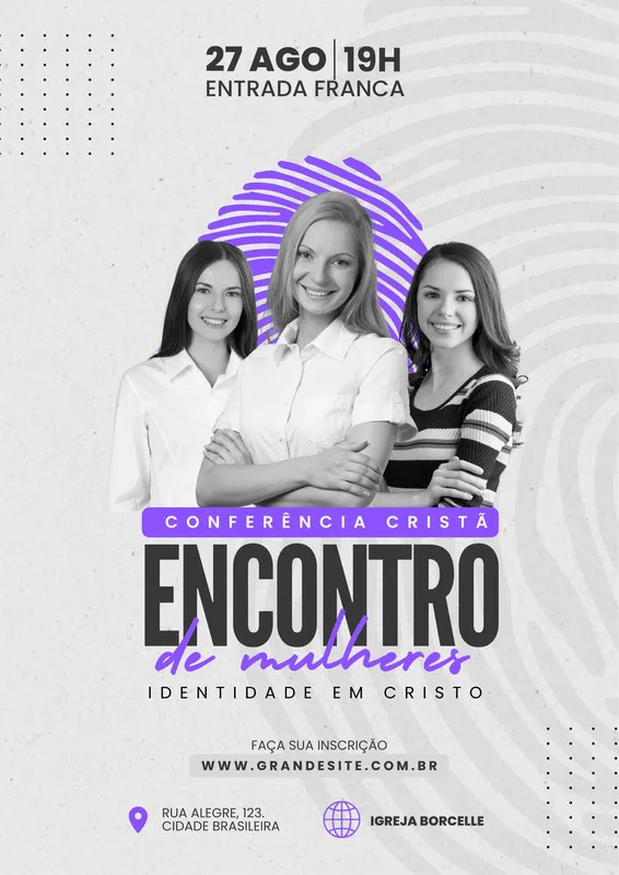Poster roxo, cinza e branco para uma Conferência Cristã de Mulheres. Apresenta três mulheres sorrindo, detalhes gráficos abstratos e informações sobre data, horário e inscrição. O título principal é 'Encontro de Mulheres: Identidade em Cristo'.