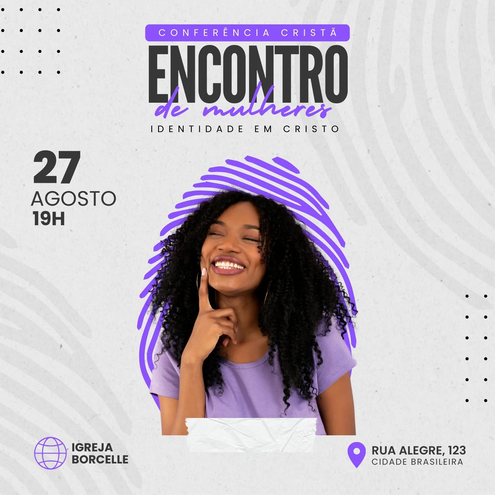 Template de post para Instagram com o título 'Conferência Cristã Encontro de Mulheres: Identidade em Cristo'. Apresenta uma mulher sorrindo, detalhes em roxo e cinza, e informações sobre data e local do evento.