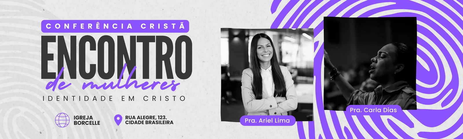 Banner horizontal para conferência cristã de mulheres com fundo branco e detalhes em roxo e cinza. Apresenta o título 'Conferência Cristã Encontro de Mulheres: Identidade em Cristo', fotos de palestrantes e informações de localização.
