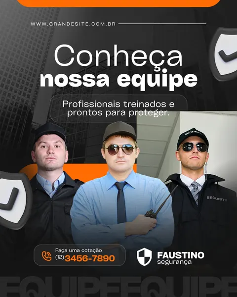 Post para Instagram com fundo escuro e detalhes em laranja, apresentando três homens uniformizados de uma empresa de segurança. O título "Conheça nossa equipe" e a frase "Profissionais treinados e prontos para proteger" estão em destaque. Inclui informações de contato e logo da empresa.