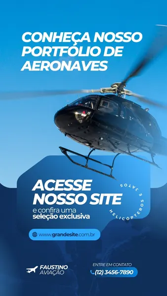 Story de Instagram com fundo azul claro e um helicóptero preto em voo. O texto principal diz 'Conheça Nosso Portfólio De Aeronaves' e 'Acesse Nosso Site'. Inclui um botão com o site e informações de contato.