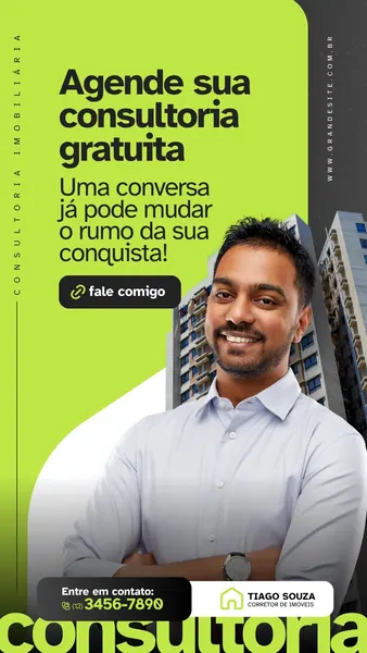 Template de Instagram Story com fundo verde vibrante e detalhes em preto. Um homem sorridente, vestindo camisa social, aparece em destaque. O texto principal convida para uma 'Consultoria Gratuita' e oferece um botão 'fale comigo'. Ao fundo, prédios modernos. Informações de contato e logo de corretor de imóveis completam o design.