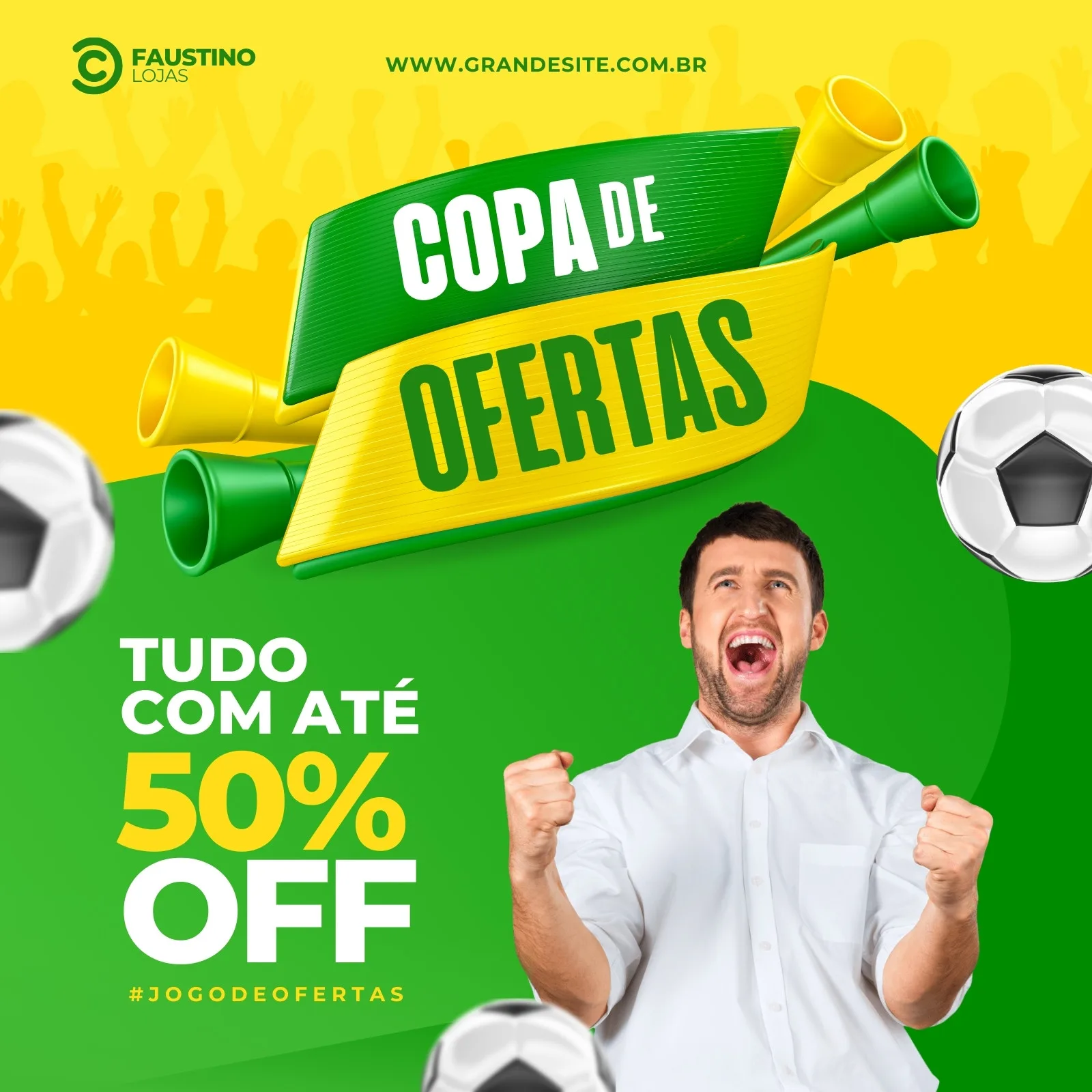 Template de post para Instagram com tema de futebol e promoções. Fundo verde e amarelo com a frase 'Copa de Ofertas' e 'Tudo com até 50% OFF'. Um homem comemorando e bolas de futebol ao redor.