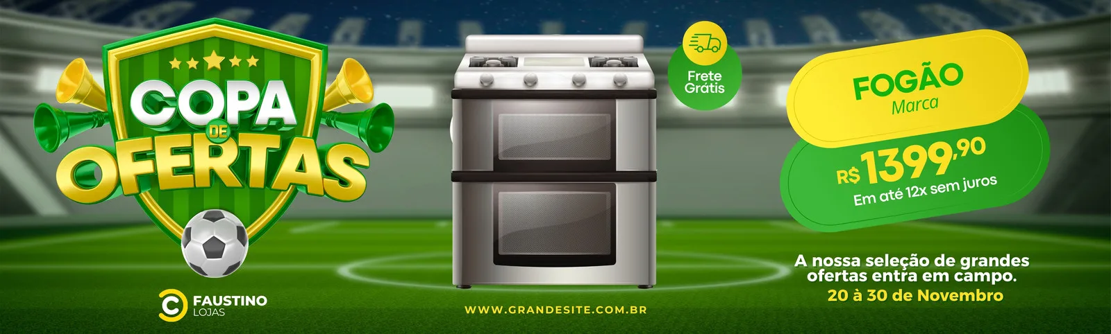 Banner horizontal verde e amarelo com tema de futebol, exibindo o título 'Copa de Ofertas'. Um fogão em destaque com preço promocional e frete grátis, ideal para lojas de comércio.