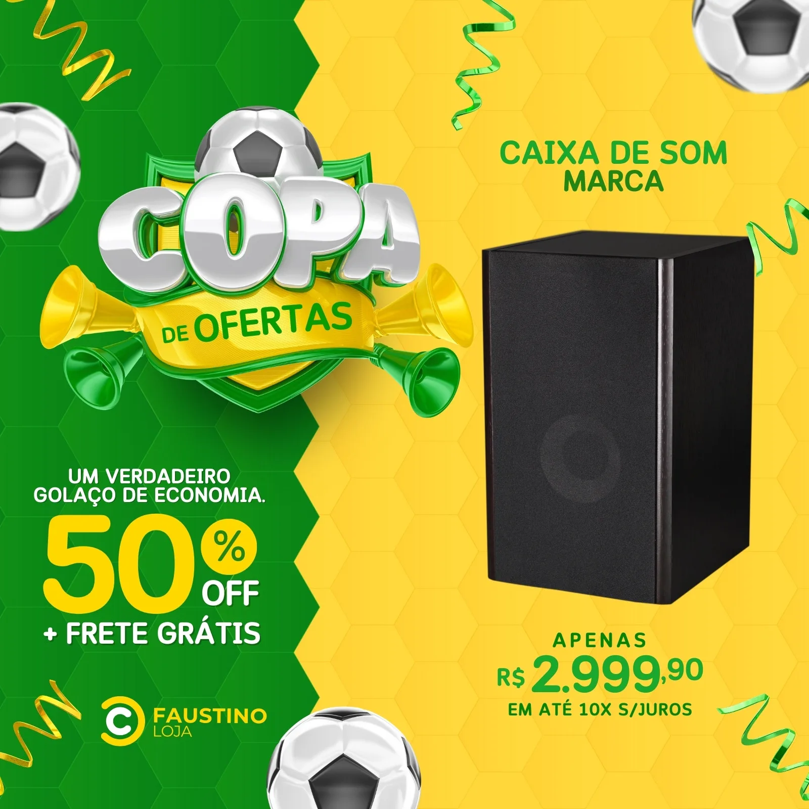 Template de post para Instagram com tema de Copa de Ofertas, cores verde e amarelo, com um escudo estilizado escrito "Copa de Ofertas", balões de fala, um produto (caixa de som) e destaque para 50% OFF e frete grátis.