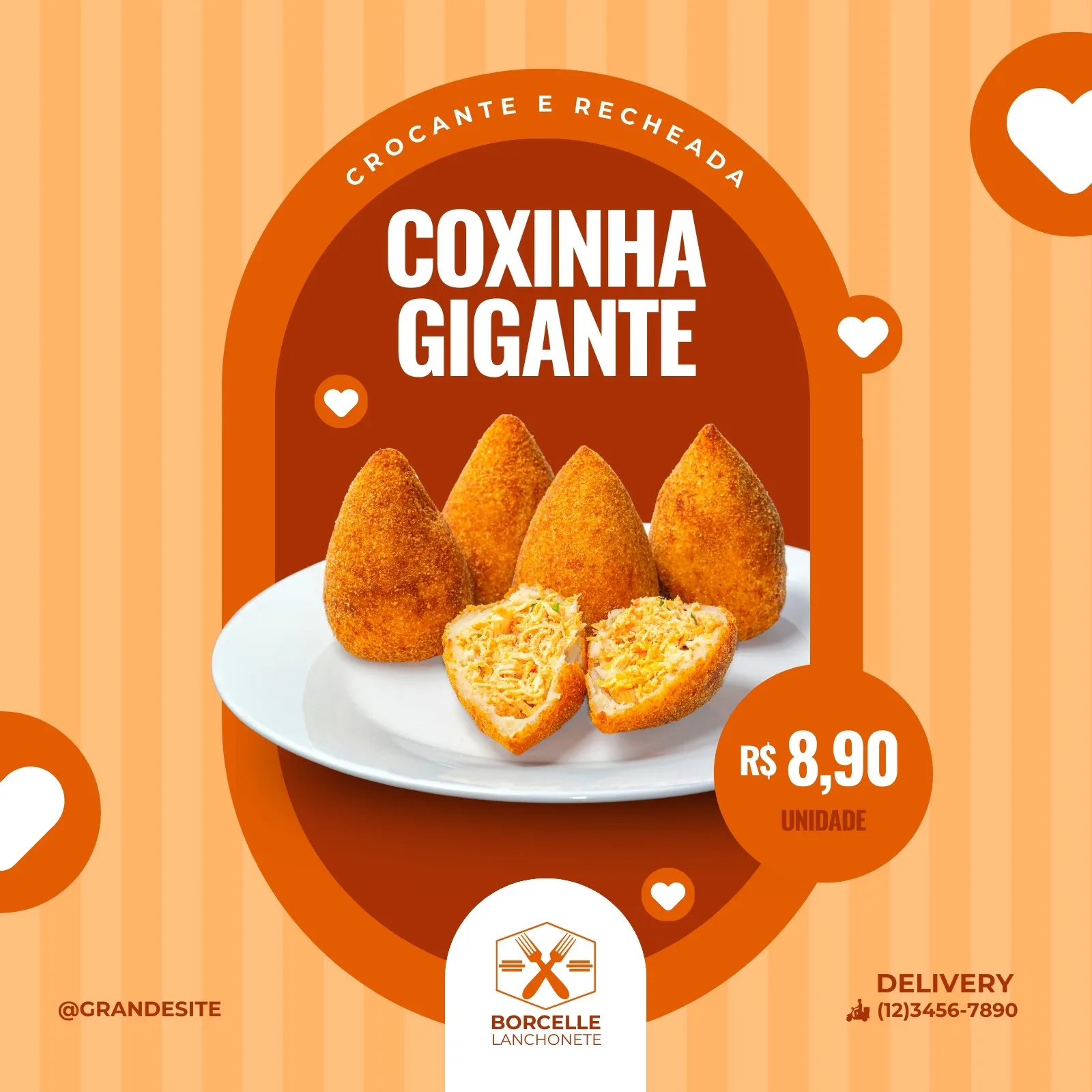 Post para Instagram de promoção de Coxinha Gigante, com foco em um prato com várias coxinhas douradas e crocantes, uma delas cortada ao meio revelando o recheio. O preço de R$ 8,90 está em destaque. O fundo é listrado em tons de laranja.