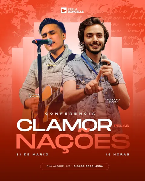 Template de post para Instagram e Facebook com fundo laranja vibrante e detalhes em branco. Apresenta dois jovens cantando e tocando violão, com o título 'Conferência Clamor Pelas Nações' em destaque. Inclui data, hora e endereço do evento.